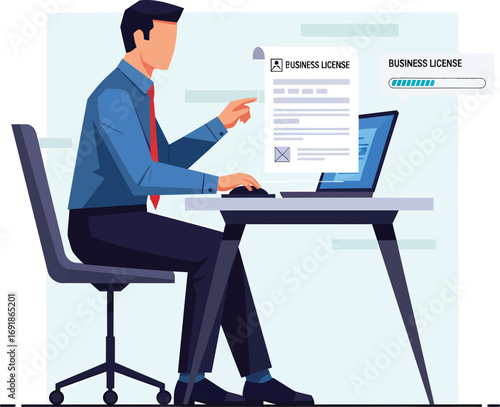 Businessman applying for business license online on laptop.