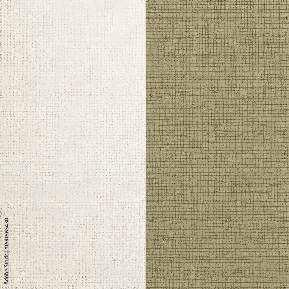 Fototapeta premium Close-up image of two fabric swatches side by side, one off-white and the other olive green, both with a woven texture.