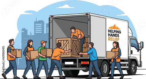 Volunteers loading relief supplies into a truck for distribution.