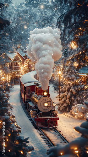 Christmas card concept for 2026 featuring a red and white steam train decorated with Christmas lights moving through a snowy fantasy landscape with twinkling stars, snow-covered trees,small houses