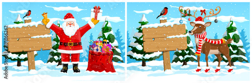 Classic Santa Claus and festive reindeer with a blank wooden sign in a snowy winter forest scene. Christmas holiday banner concept for greeting card.