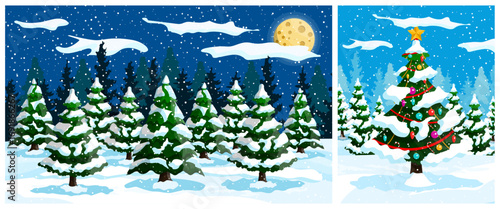 Winter forest landscape with snowy pine trees and full bright moon at night. Christmas tree covered snow with festive decorations. New Year holiday background.