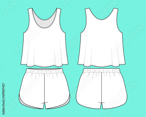 Women's Tank Top and Shorts Two Piece Set Fashion Vector Illustration Flat Sketch Template.