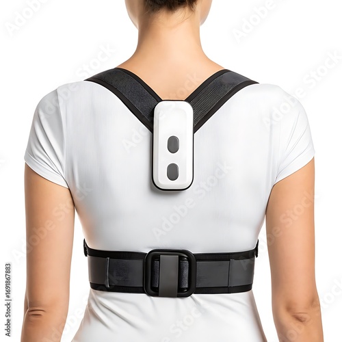 Woman wearing posture corrector with white shirt and gray straps from a rear perspective view on white