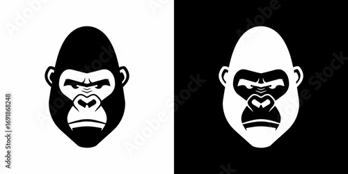 Stylized black gorilla head with angry expression flat illustration logo