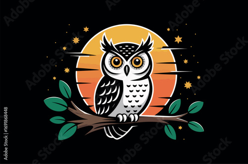 Cute owl perched on branch under a Halloween moon