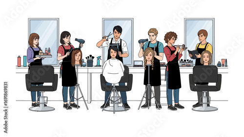 Diverse group of hairstylists in a modern salon giving haircuts and styling to clients with various hairstyles and hair colors