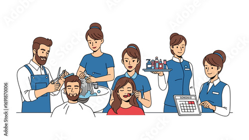 Diverse group of service professionals including a barber hairstylist waitress and dental hygienist working together in a collaborative setting illustration