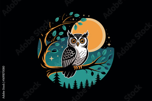 Cute owl perched on branch under a Halloween moon