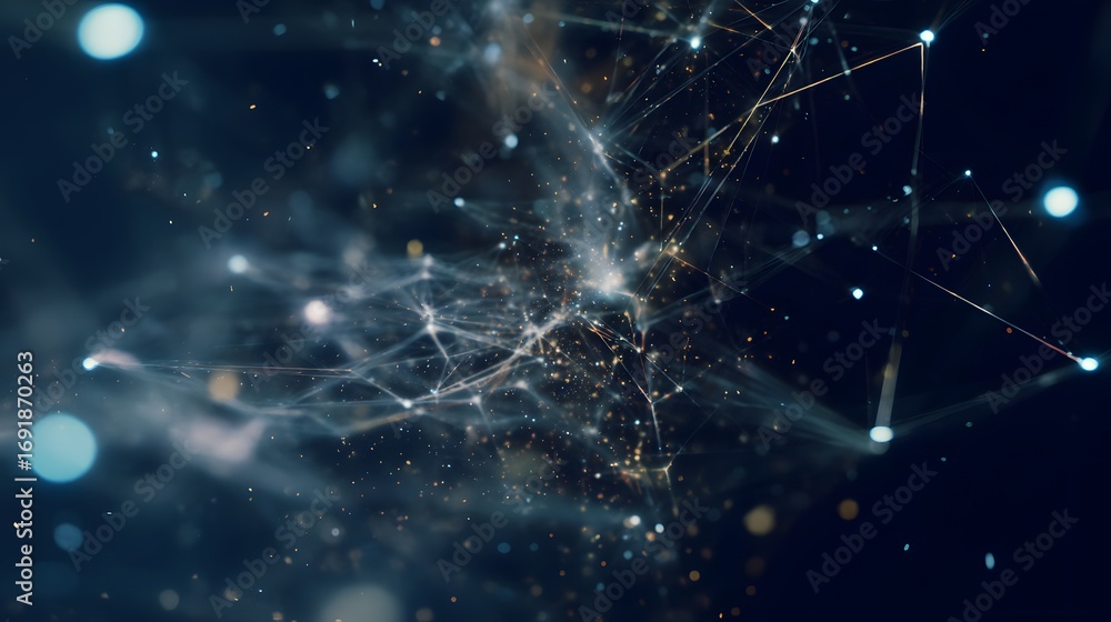 Obraz premium Perspective view of a digital neural network in space, pulsating nodes creating a web-like structure