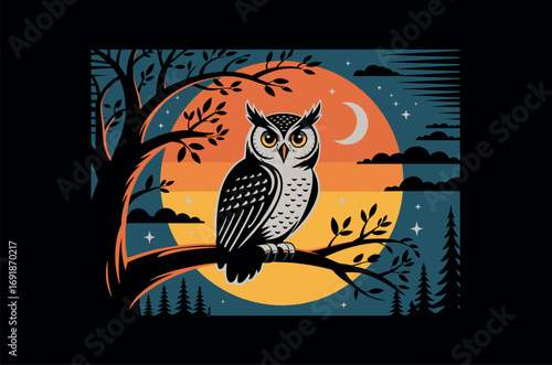 Cute owl perched on branch under a Halloween moon