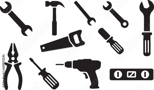 Hand Tools Collection Black and White Icons Set Isolated on Transparent Background