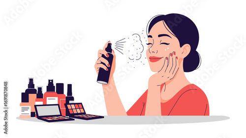 Young woman applying facial mist spray for skincare and makeup setting with various cosmetic products arranged on a table