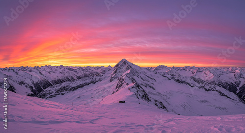 Stunning mountain panorama bathed in vibrant pink and orange sunset light, a breathtaking winter landscape.