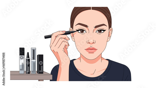Close up of a young woman applying black liquid eyeliner to her eye with a makeup brush surrounded by cosmetic products