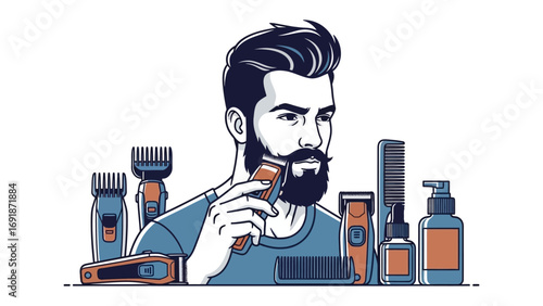 Stylish bearded man grooming his beard with electric trimmer surrounded by barber tools and products for a modern haircut