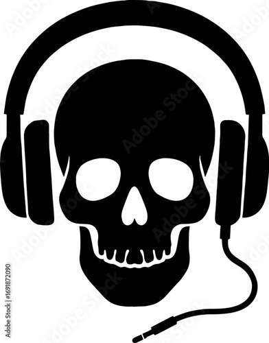 Headphones Around a Human Skull - Rock Music In Black And White Silhouette Vector  With White Background 