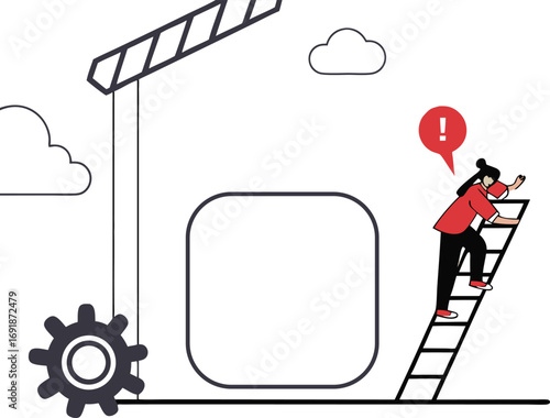 Woman climbing ladder towards goal with crane and gear