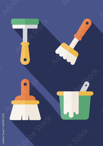Simple art depicting paint tools against a blue backdrop.

