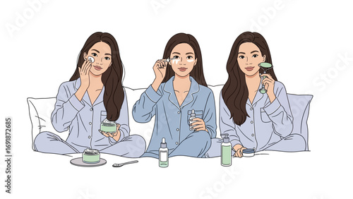 Three young women in blue pajamas applying skincare products and enjoying a relaxing self care routine at home