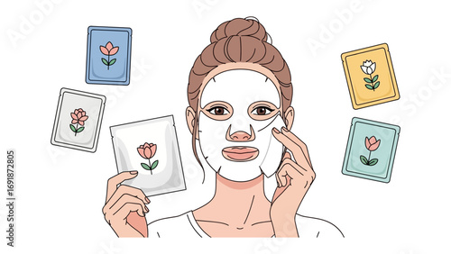 Woman applying a refreshing sheet mask to her face surrounded by various skincare product packaging with floral designs