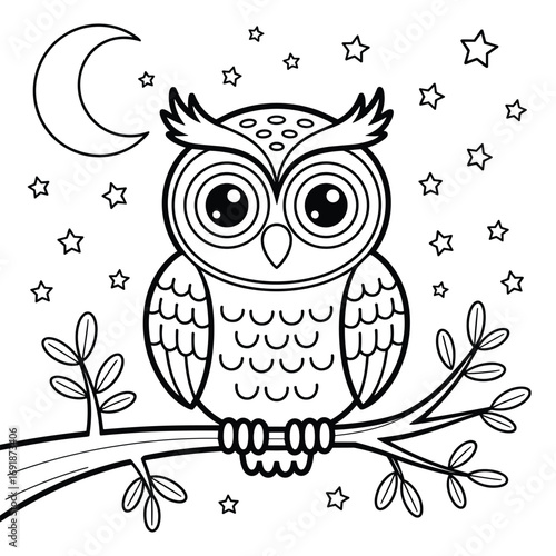 A black and white cartoon owl with large round eyes sits on a tree branch under a crescent moon and stars