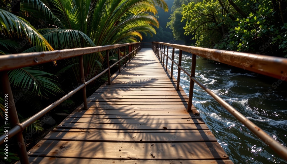 Fototapeta premium Scenic wooden footbridge over flowing river lush jungle nature photography tranquil environment perspective on serenity