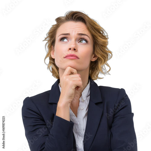 Portrait of thoughtful woman in suit looking up pondering business decisions on transparent background