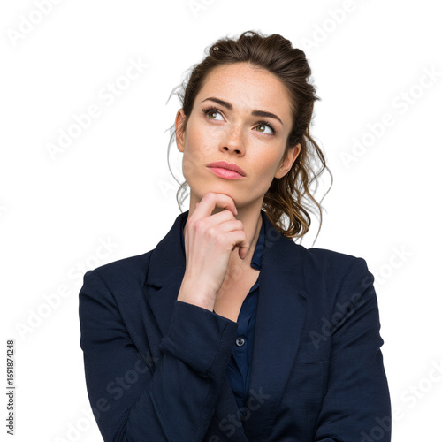 Pensive business woman thinking about solutions and strategy for her company growth on transparent background