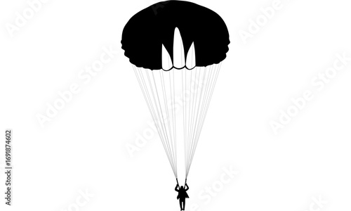 Silhouette of a person descending with an open parachute, illustrating a skydiving activity against a white background.