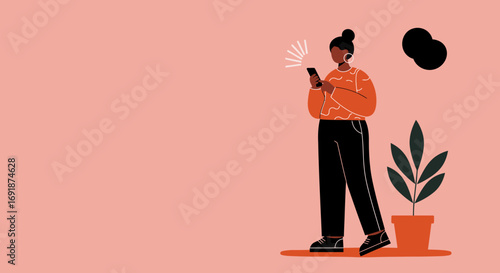 Woman uses smartphone, actively engaging with mobile technology on a minimalist background. Represents communication, digital lifestyle, and online connection.