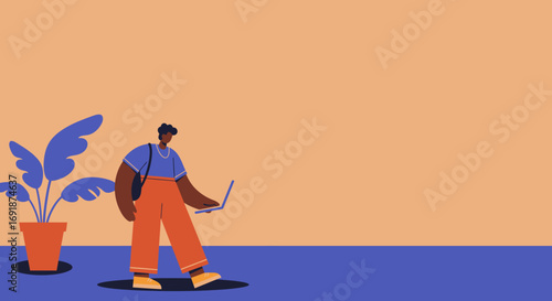 Modern illustration of a person working remotely on a laptop, symbolizing freelance, digital lifestyle, and global connectivity. Ideal for business and technology themes.