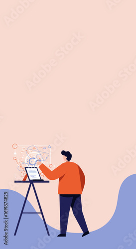 Male professional analyzing complex data and digital networks on a transparent screen with a laptop. Ideal for business, technology, and strategy concepts.