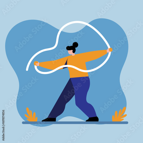 Energetic illustration of a woman expertly swinging a white rope, embodying focus, balance, and determination. Ideal for themes of exercise, personal development, and active lifestyle.