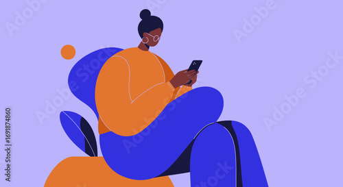 Stylish woman in a relaxed setting using a smartphone, symbolizing modern digital communication, connection, and online lifestyle activities.