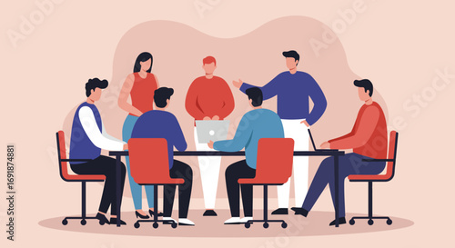 Group of diverse professionals collaborating in a productive business meeting. Illustrates teamwork, idea exchange, and corporate strategy in a modern office setting.