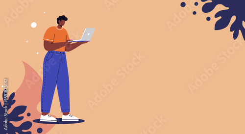 Modern illustration of a person diligently working on a laptop, symbolizing remote work, online learning, and digital productivity. Ideal for business, education, and technology concepts.
