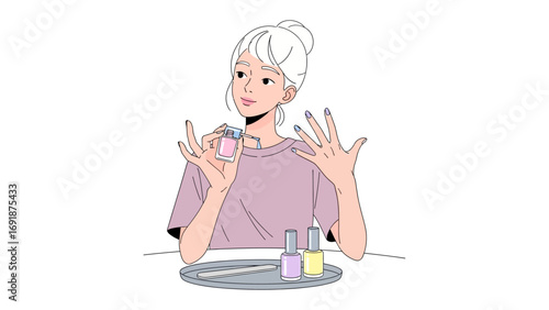 Whimsical illustration of a smiling woman with a crown applying nail polish to her fingernails with a bottle of polish nearby