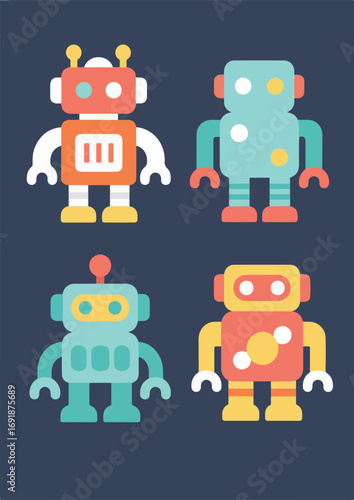 Toy robots display four colorful stylized cartoon figures on a dark blue background.
