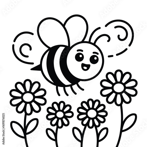 A happy cartoon bee flies over cartoon daisies insect animal