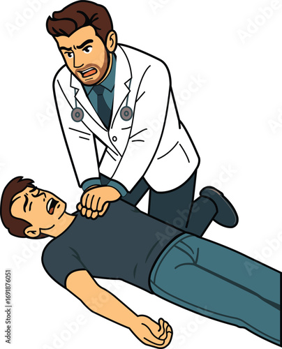 CPR Emergency Illustration Doctor Performing Chest Compressions on Unconscious Patient First Aid Concept