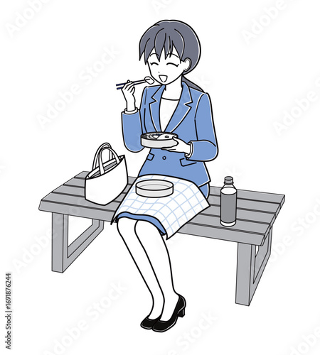 ベンチに座ってお弁当を食べているスーツのOLさん　その1（シンプル）