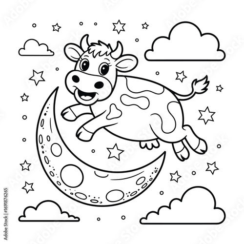 A happy cartoon cow jumping over the moon with stars and clouds night