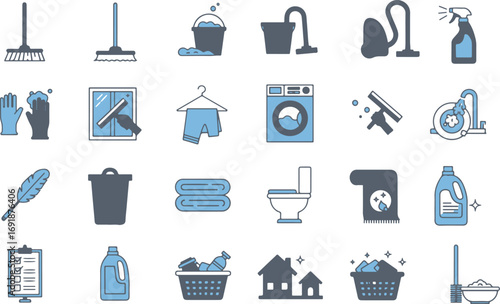 A collection of line art icons representing household chores and professional cleaning services, including various tools and equipment