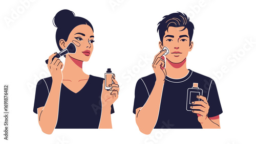Young diverse couple applying makeup and skincare products to their faces with brushes and bottles symbolizing beauty routines and self care