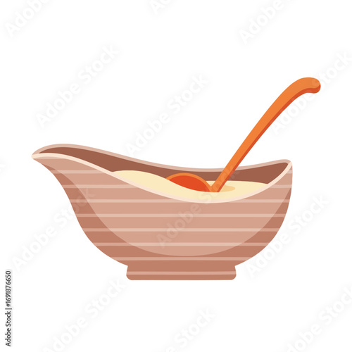 Ceramic gravy boat filled with savory brown gravy and a ladle for a traditional Thanksgiving holiday feast.