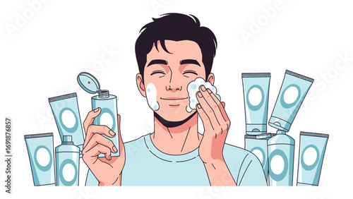 Young man with dark hair applying facial cleanser with a white cloth to his face surrounded by various skincare product bottles and tubes
