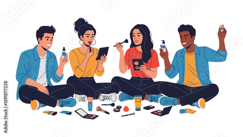 Diverse group of young adults applying makeup and skincare products together sharing beauty tips and enjoying a fun social gathering