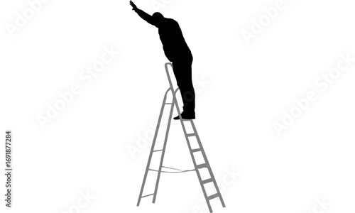 Silhouette of a person standing on a ladder, reaching upwards against a white background.