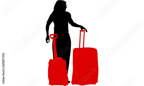 Silhouette of a person standing with two red suitcases, ready for travel against a white background.